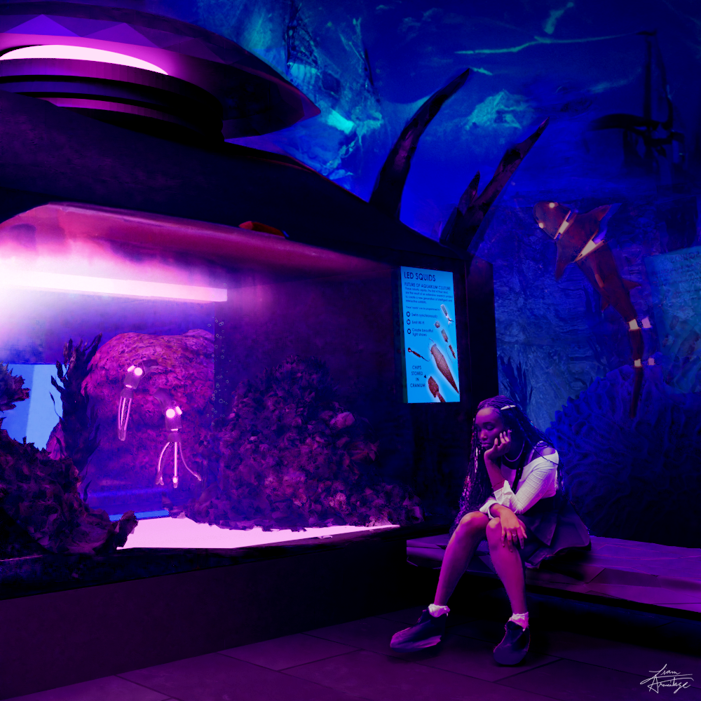 a girl sitting in an aquarium full of robotic sea life