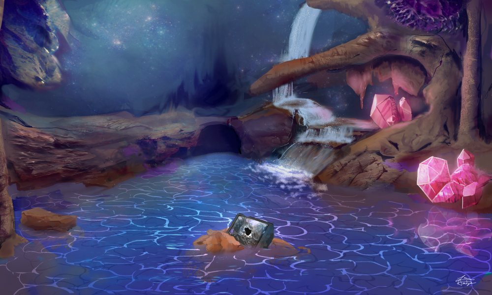 a cave pool scene with a shattered television on a rock in the center